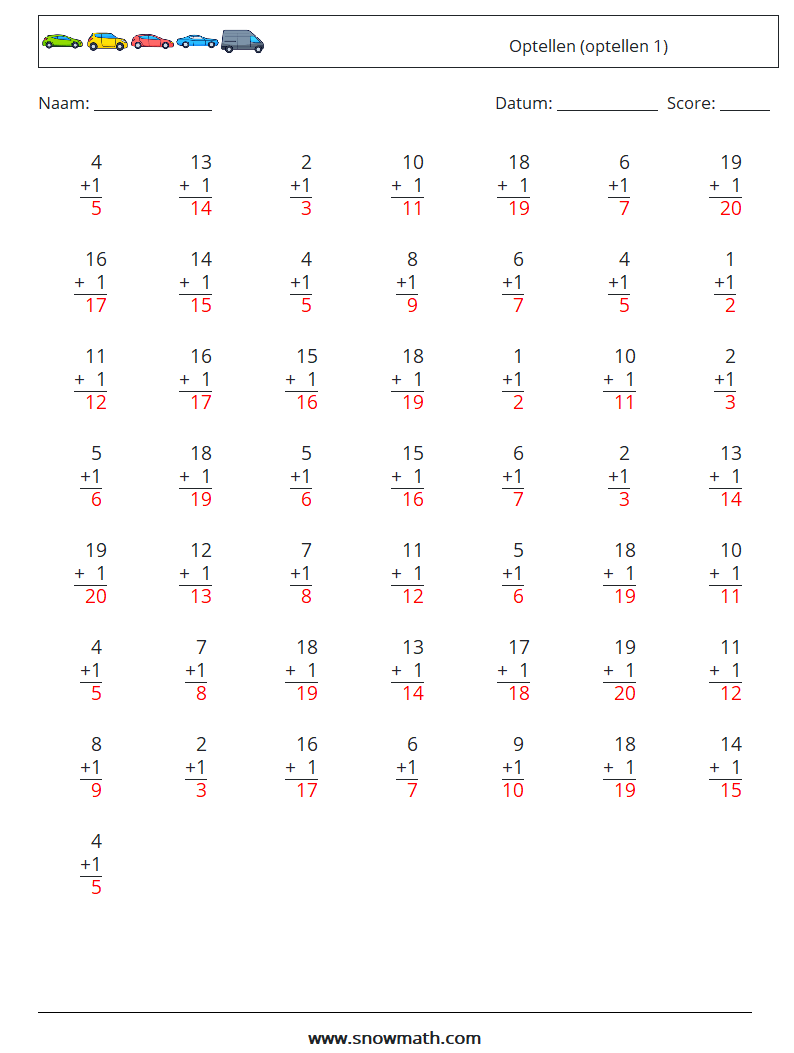 (50) Optellen (optellen 1) Wiskundige werkbladen 16 Vraag, Antwoord