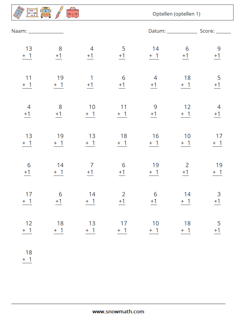 (50) Optellen (optellen 1) Wiskundige werkbladen 17