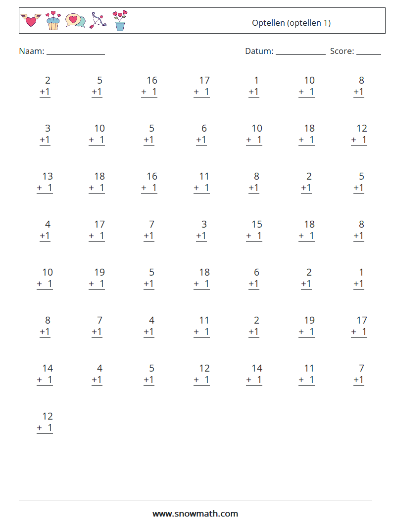 (50) Optellen (optellen 1) Wiskundige werkbladen 18