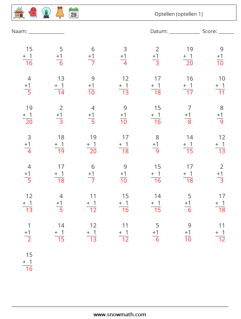 (50) Optellen (optellen 1) Wiskundige werkbladen 1 Vraag, Antwoord