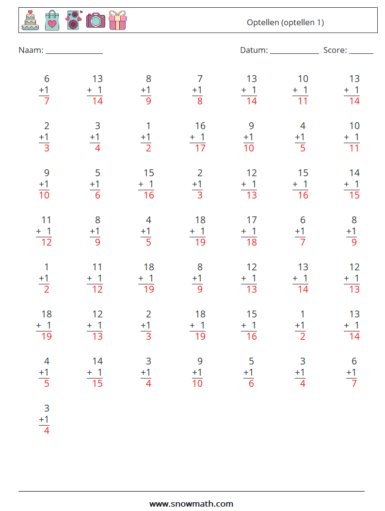 (50) Optellen (optellen 1) Wiskundige werkbladen 2 Vraag, Antwoord