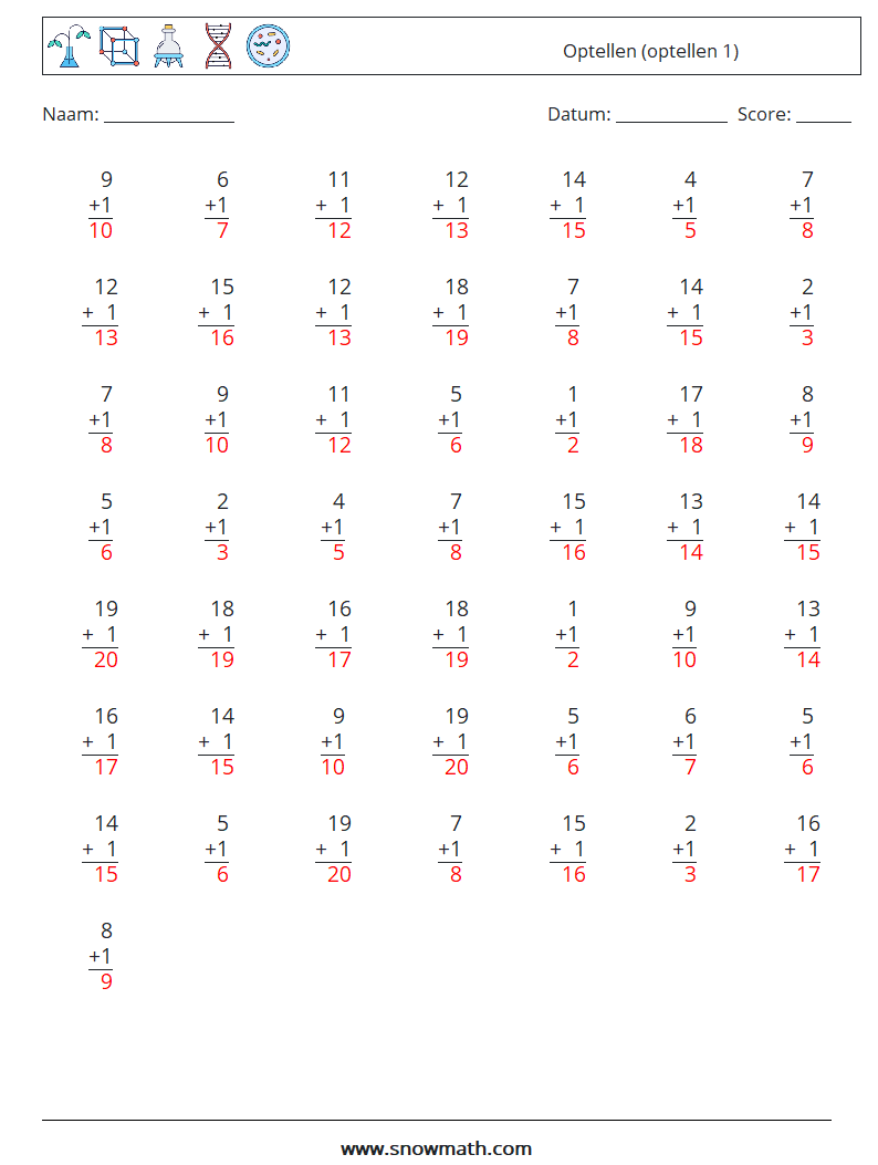 (50) Optellen (optellen 1) Wiskundige werkbladen 3 Vraag, Antwoord