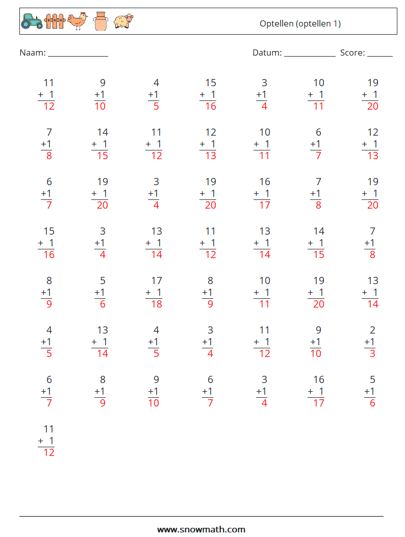 (50) Optellen (optellen 1) Wiskundige werkbladen 4 Vraag, Antwoord