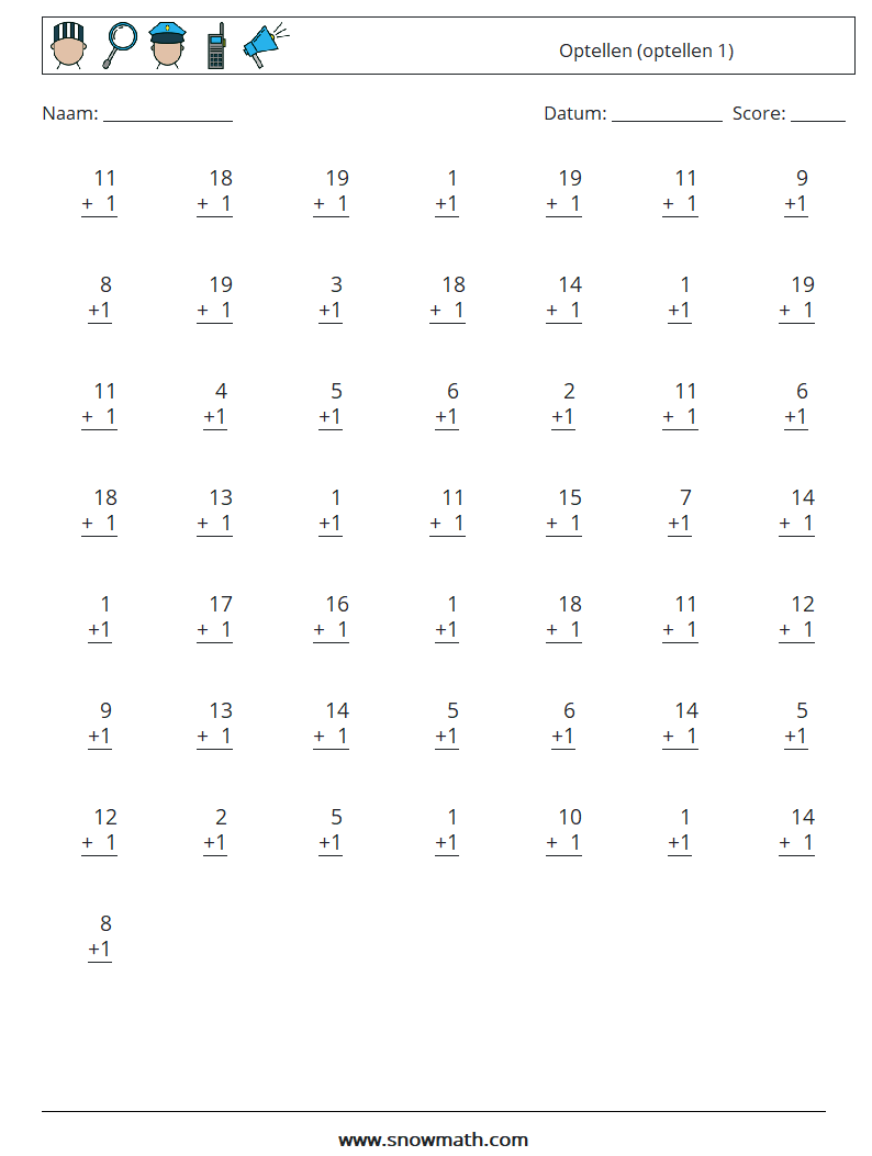 (50) Optellen (optellen 1) Wiskundige werkbladen 5