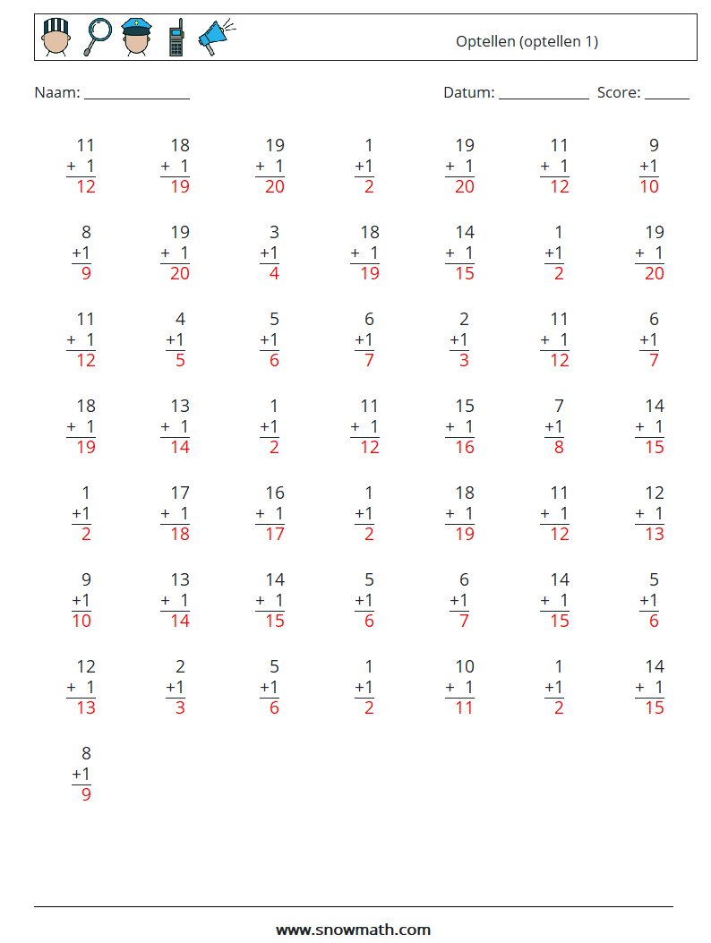 (50) Optellen (optellen 1) Wiskundige werkbladen 5 Vraag, Antwoord