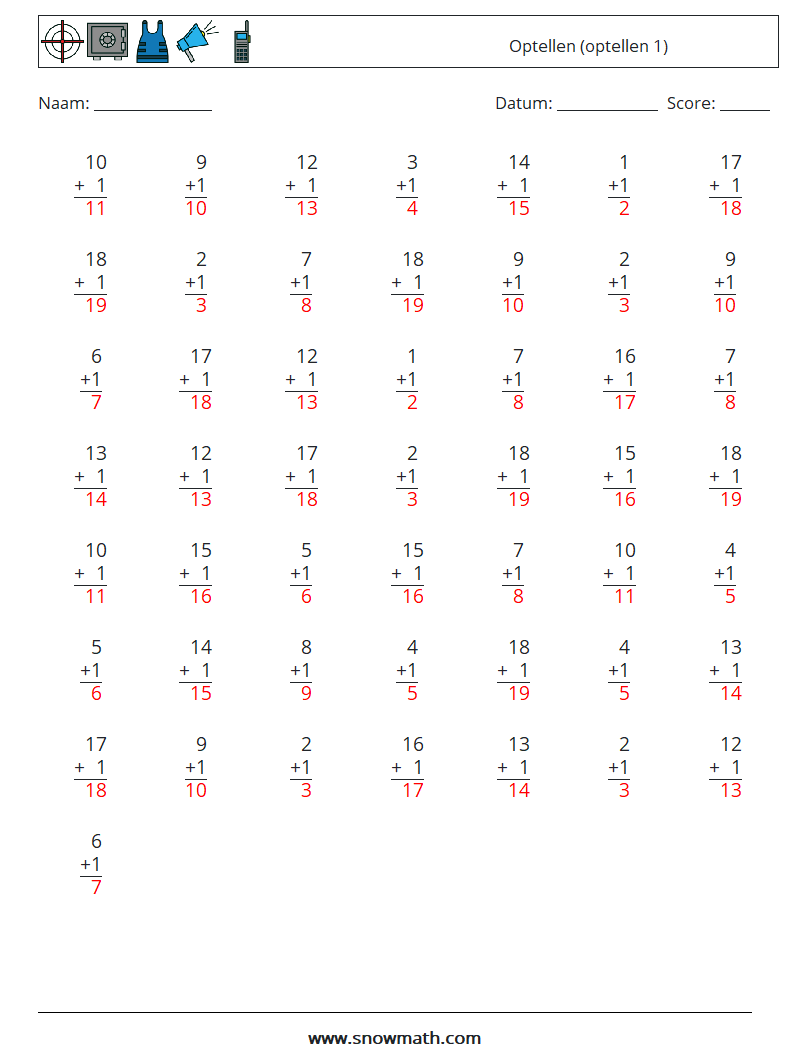 (50) Optellen (optellen 1) Wiskundige werkbladen 6 Vraag, Antwoord