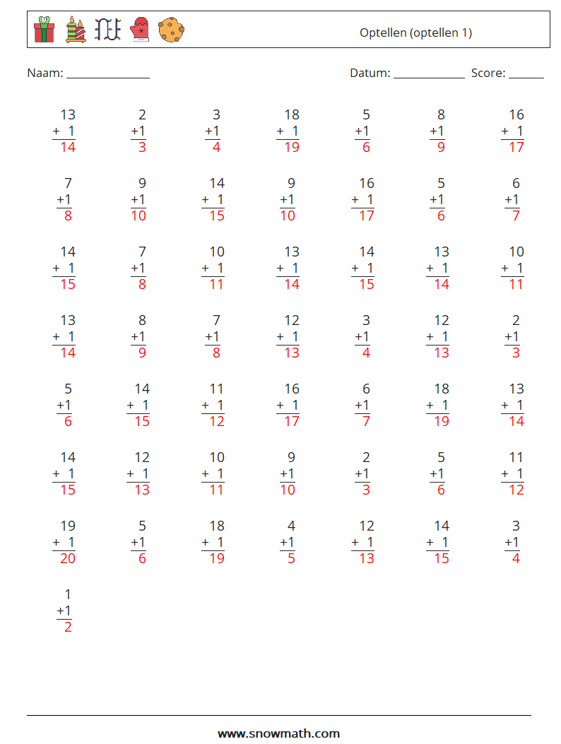 (50) Optellen (optellen 1) Wiskundige werkbladen 7 Vraag, Antwoord