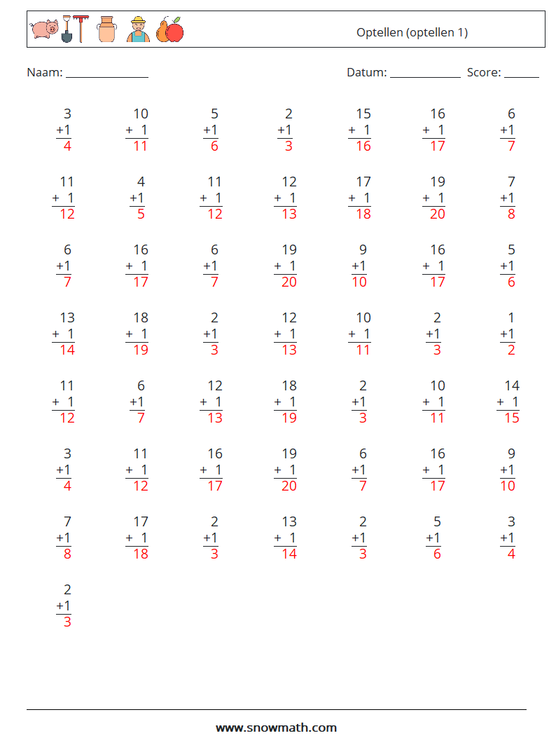 (50) Optellen (optellen 1) Wiskundige werkbladen 8 Vraag, Antwoord