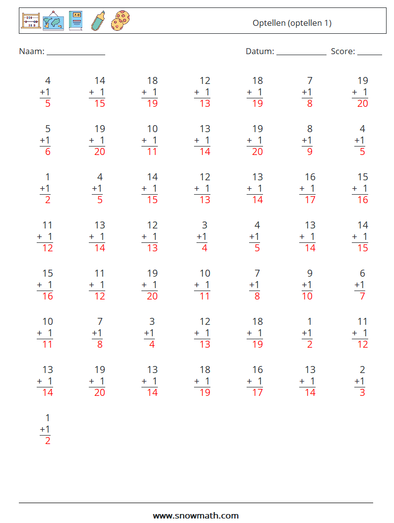 (50) Optellen (optellen 1) Wiskundige werkbladen 9 Vraag, Antwoord