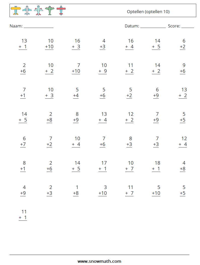 (50) Optellen (optellen 10) Wiskundige werkbladen 10