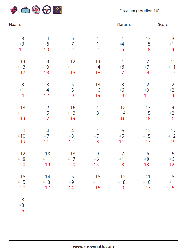 (50) Optellen (optellen 10) Wiskundige werkbladen 11 Vraag, Antwoord
