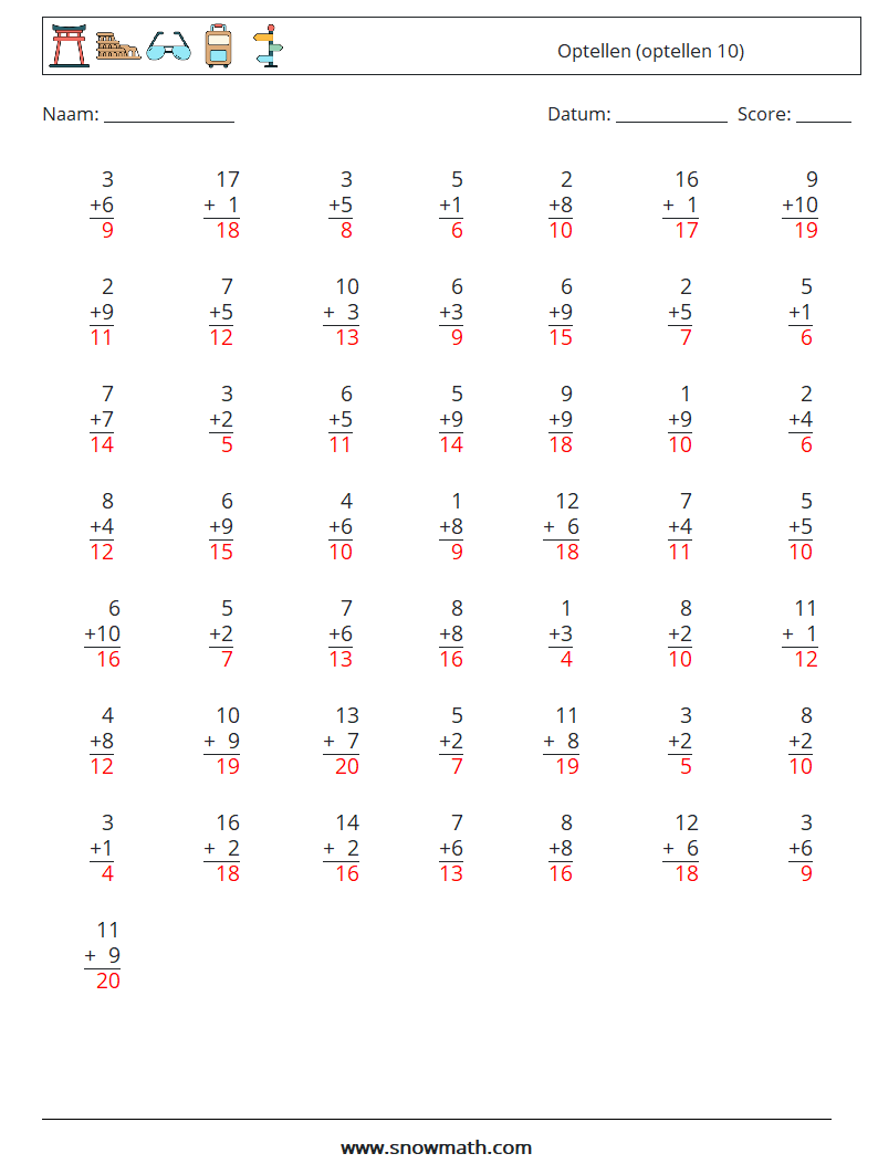 (50) Optellen (optellen 10) Wiskundige werkbladen 12 Vraag, Antwoord