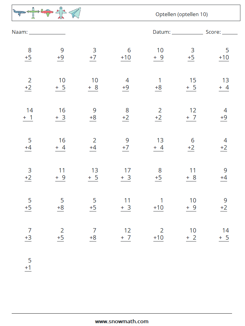 (50) Optellen (optellen 10) Wiskundige werkbladen 15