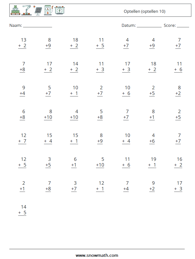 (50) Optellen (optellen 10) Wiskundige werkbladen 16