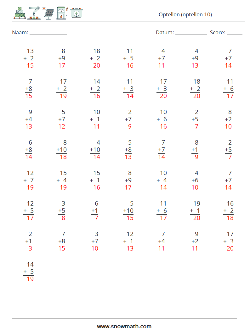 (50) Optellen (optellen 10) Wiskundige werkbladen 16 Vraag, Antwoord