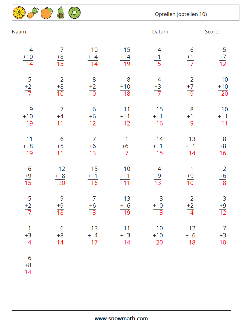 (50) Optellen (optellen 10) Wiskundige werkbladen 17 Vraag, Antwoord