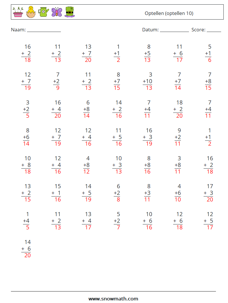 (50) Optellen (optellen 10) Wiskundige werkbladen 1 Vraag, Antwoord