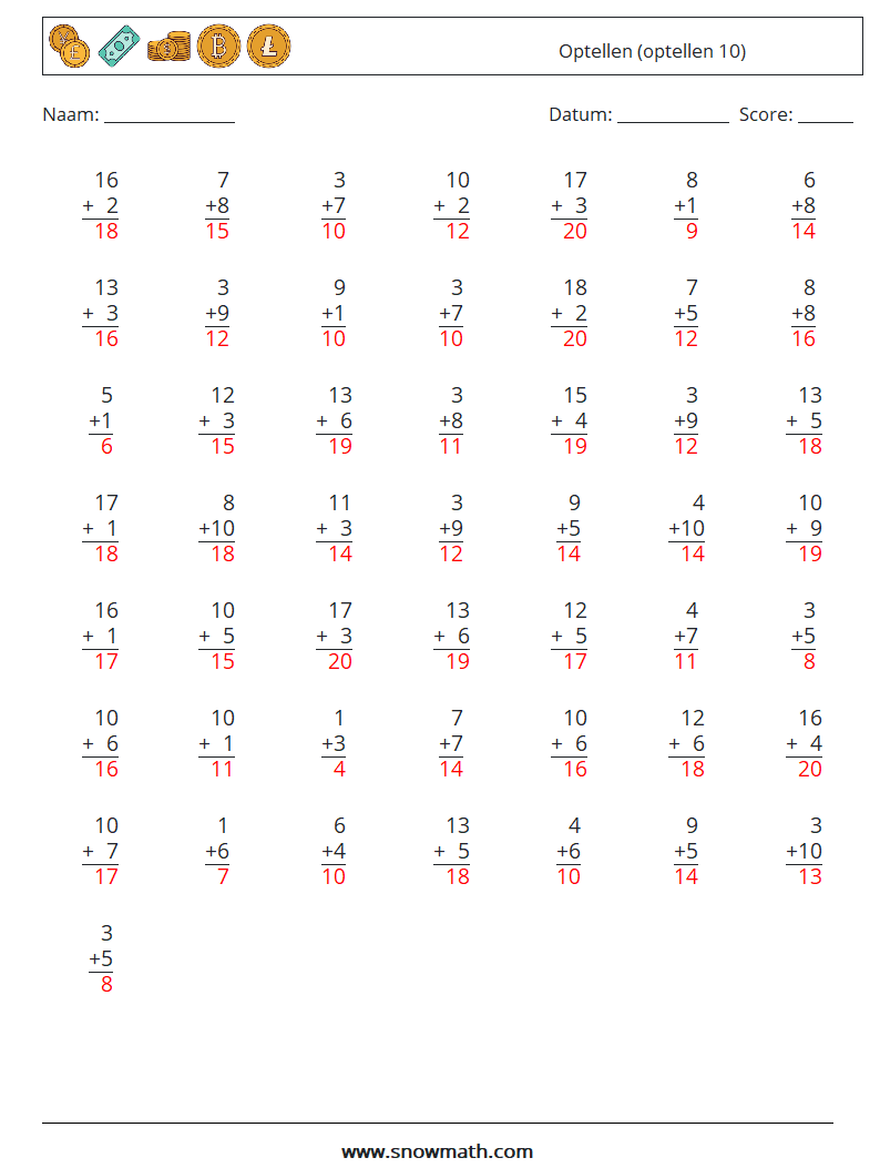 (50) Optellen (optellen 10) Wiskundige werkbladen 2 Vraag, Antwoord