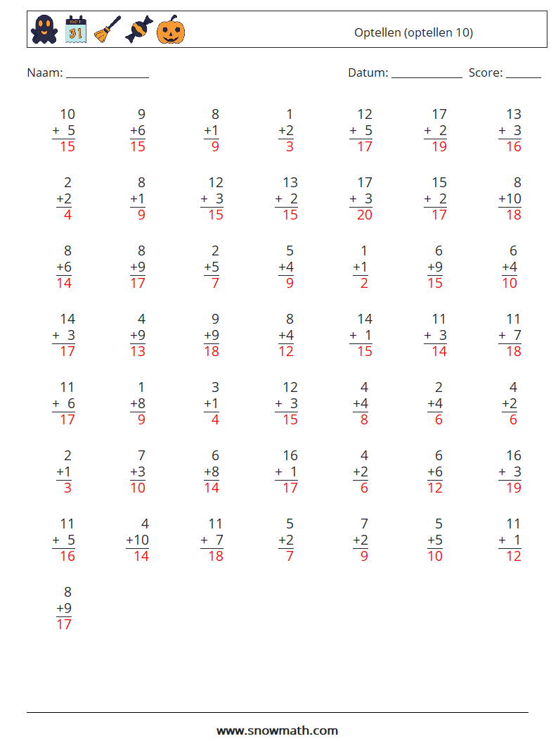 (50) Optellen (optellen 10) Wiskundige werkbladen 3 Vraag, Antwoord