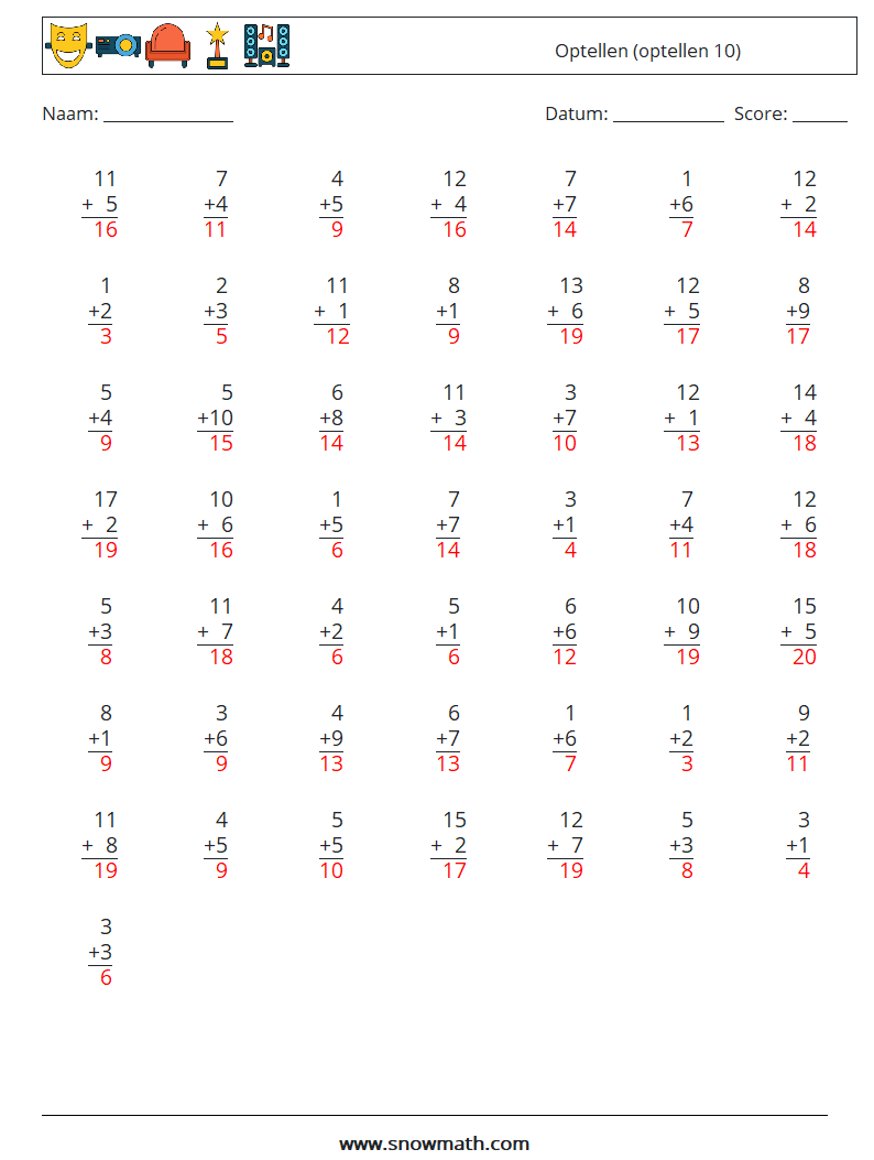 (50) Optellen (optellen 10) Wiskundige werkbladen 4 Vraag, Antwoord