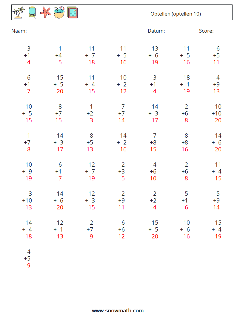 (50) Optellen (optellen 10) Wiskundige werkbladen 5 Vraag, Antwoord