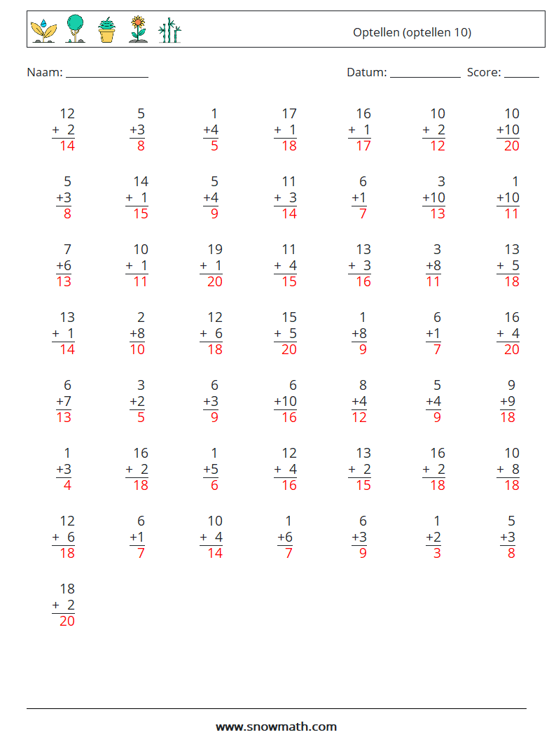 (50) Optellen (optellen 10) Wiskundige werkbladen 6 Vraag, Antwoord