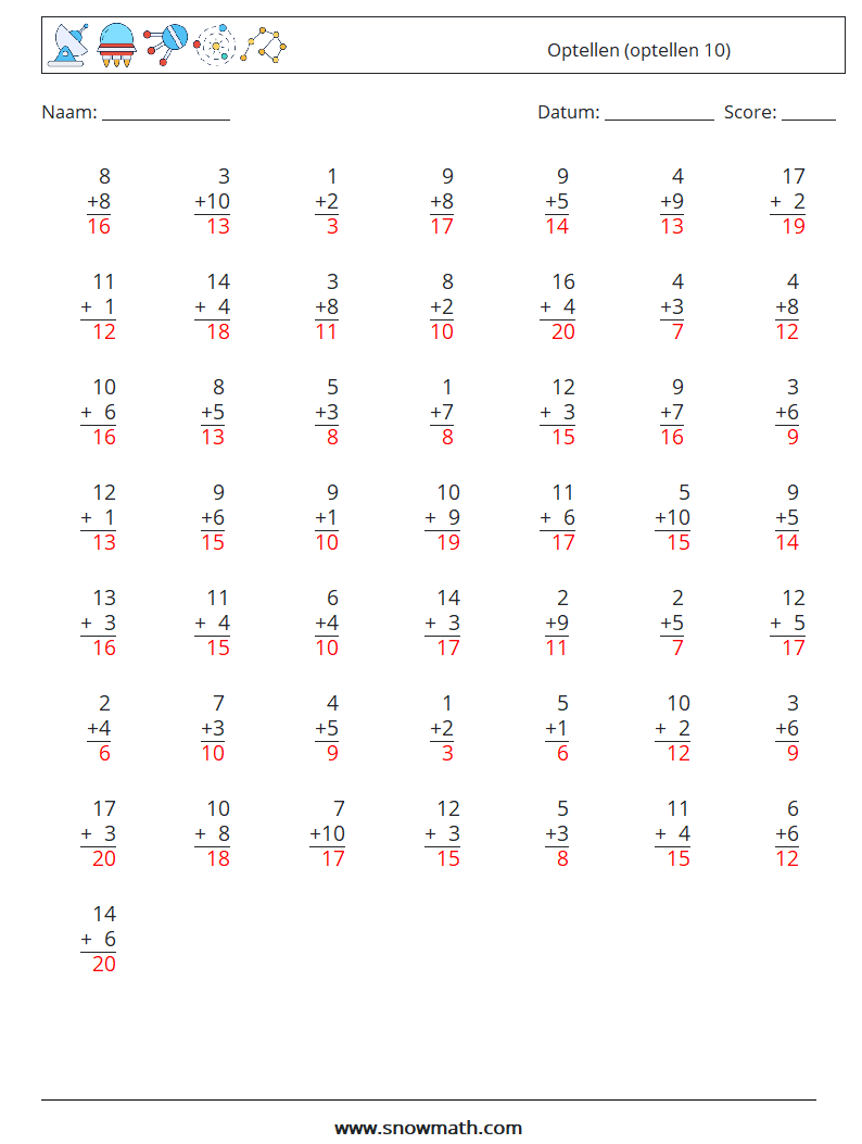 (50) Optellen (optellen 10) Wiskundige werkbladen 7 Vraag, Antwoord