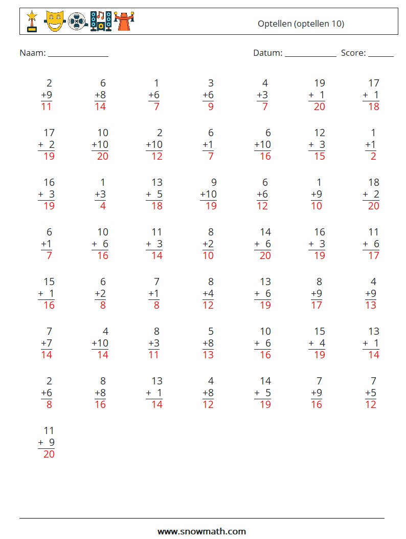 (50) Optellen (optellen 10) Wiskundige werkbladen 8 Vraag, Antwoord