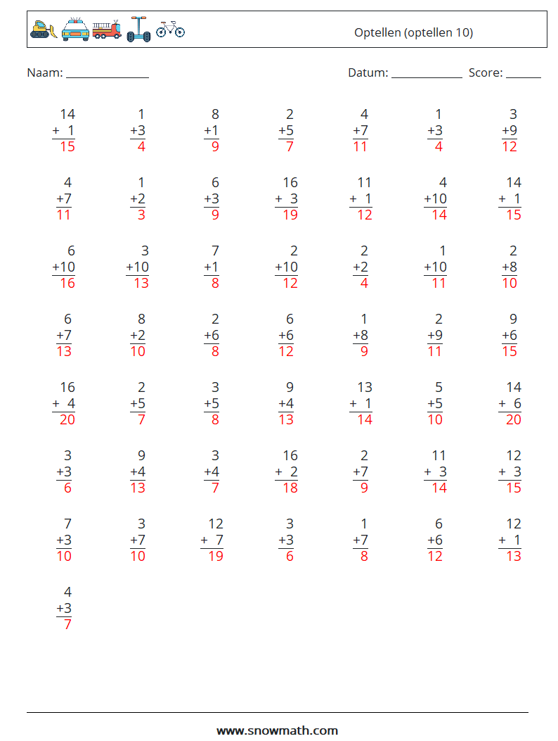 (50) Optellen (optellen 10) Wiskundige werkbladen 9 Vraag, Antwoord