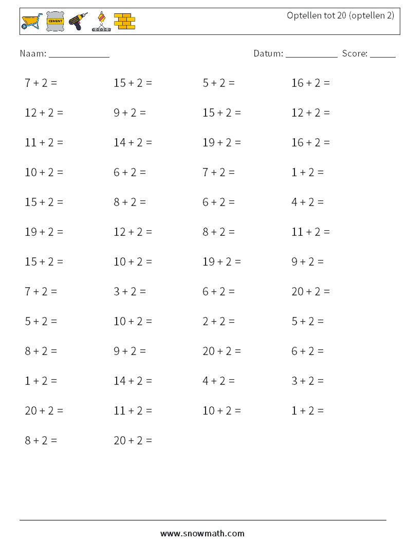 (50) Optellen tot 20 (optellen 2) Wiskundige werkbladen 1