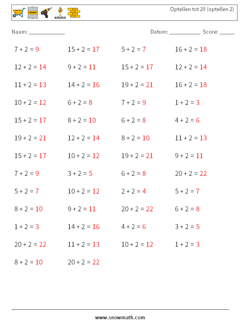 (50) Optellen tot 20 (optellen 2) Wiskundige werkbladen 1 Vraag, Antwoord