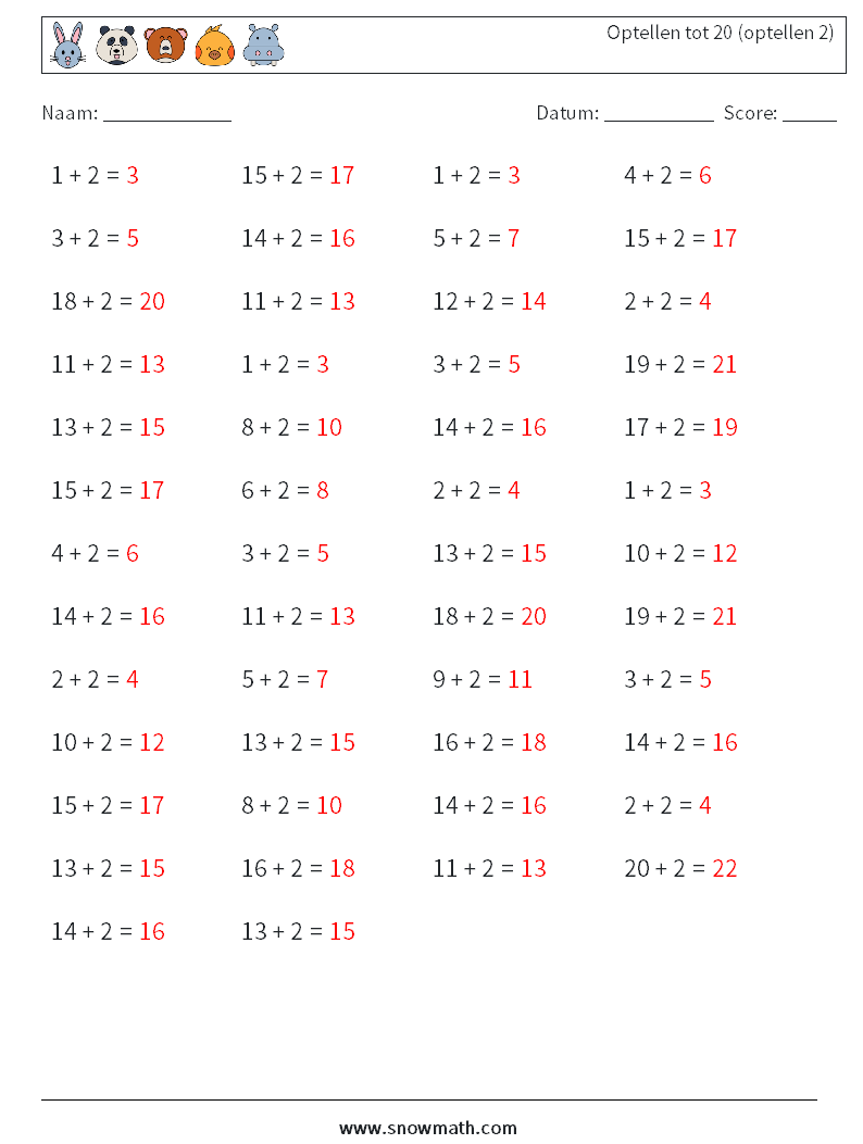 (50) Optellen tot 20 (optellen 2) Wiskundige werkbladen 2 Vraag, Antwoord