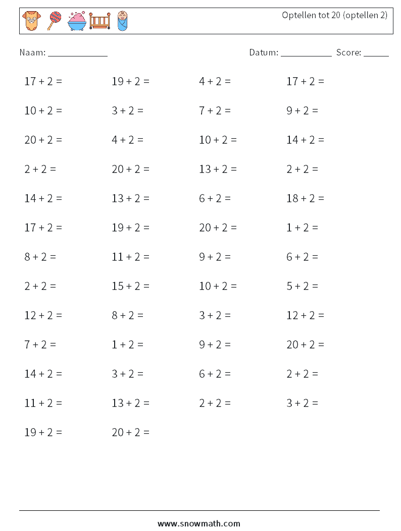 (50) Optellen tot 20 (optellen 2) Wiskundige werkbladen 4