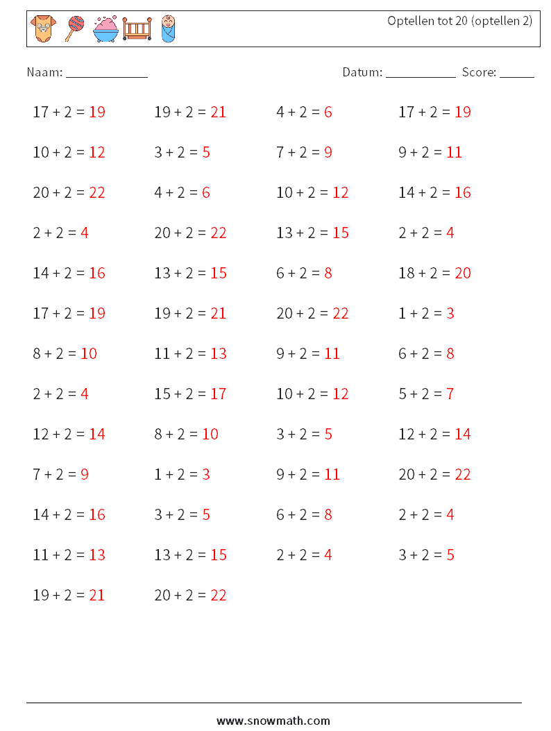 (50) Optellen tot 20 (optellen 2) Wiskundige werkbladen 4 Vraag, Antwoord