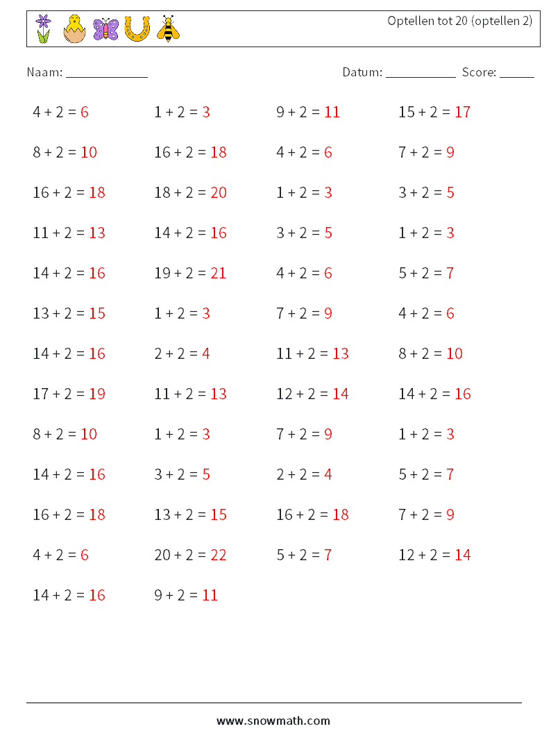 (50) Optellen tot 20 (optellen 2) Wiskundige werkbladen 5 Vraag, Antwoord