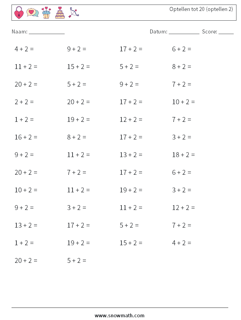 (50) Optellen tot 20 (optellen 2) Wiskundige werkbladen 6