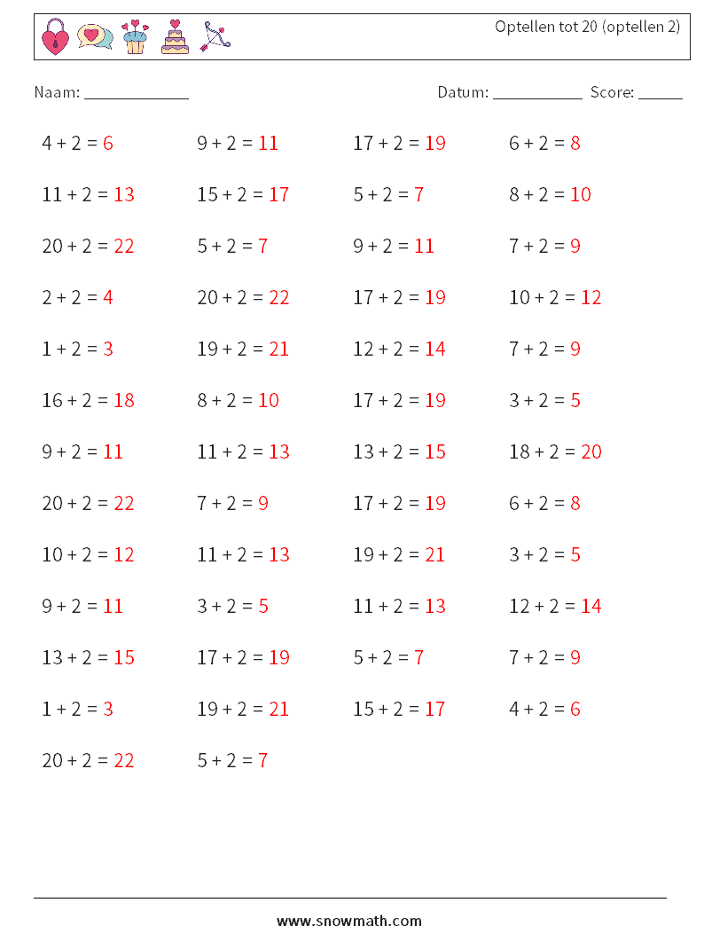 (50) Optellen tot 20 (optellen 2) Wiskundige werkbladen 6 Vraag, Antwoord