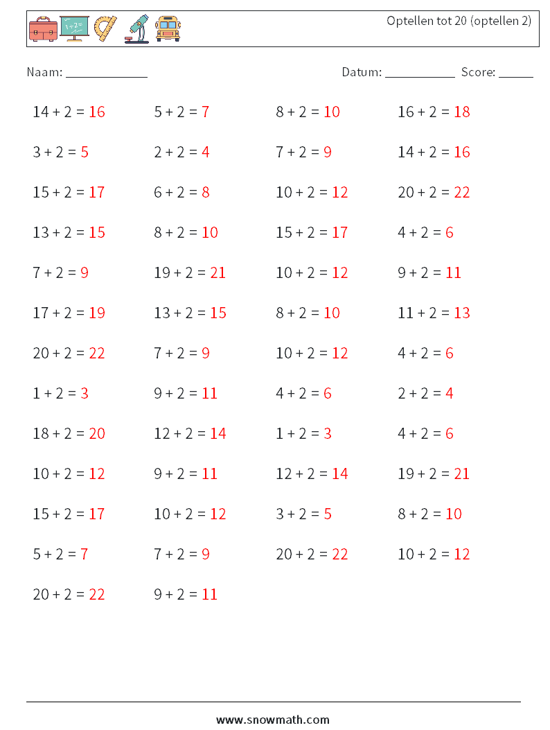 (50) Optellen tot 20 (optellen 2) Wiskundige werkbladen 8 Vraag, Antwoord