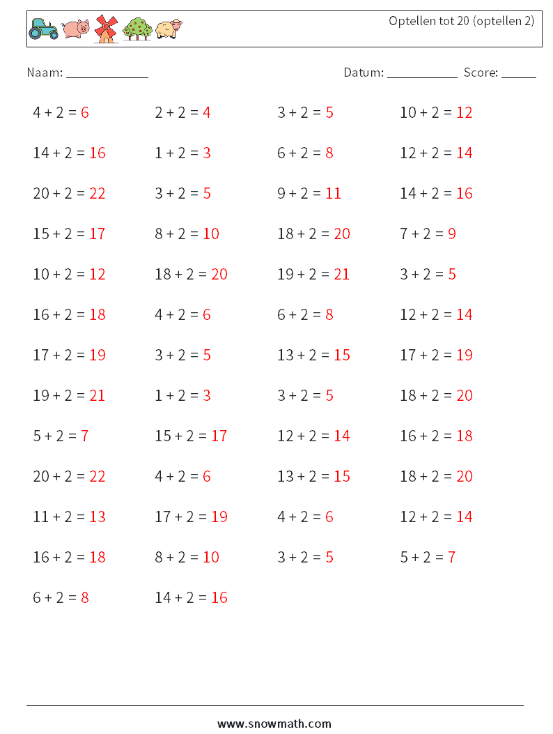 (50) Optellen tot 20 (optellen 2) Wiskundige werkbladen 9 Vraag, Antwoord