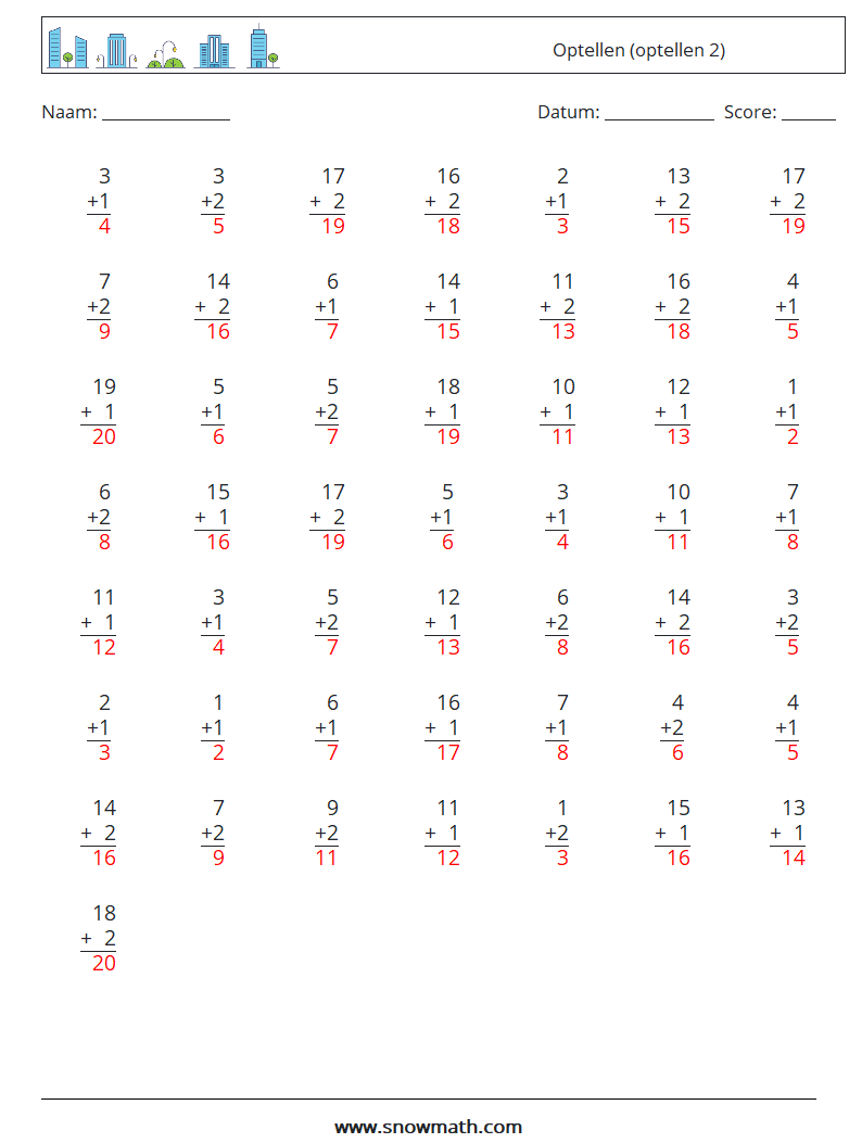 (50) Optellen (optellen 2) Wiskundige werkbladen 10 Vraag, Antwoord