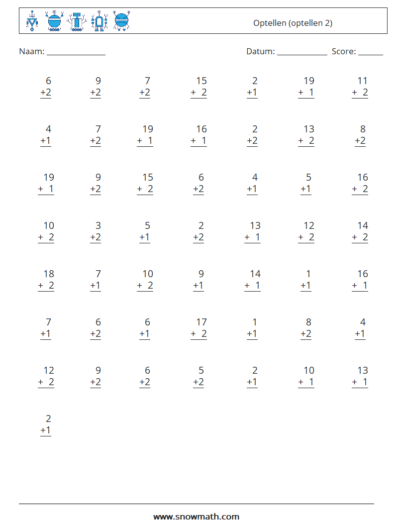 (50) Optellen (optellen 2) Wiskundige werkbladen 11