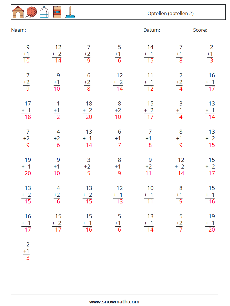 (50) Optellen (optellen 2) Wiskundige werkbladen 13 Vraag, Antwoord