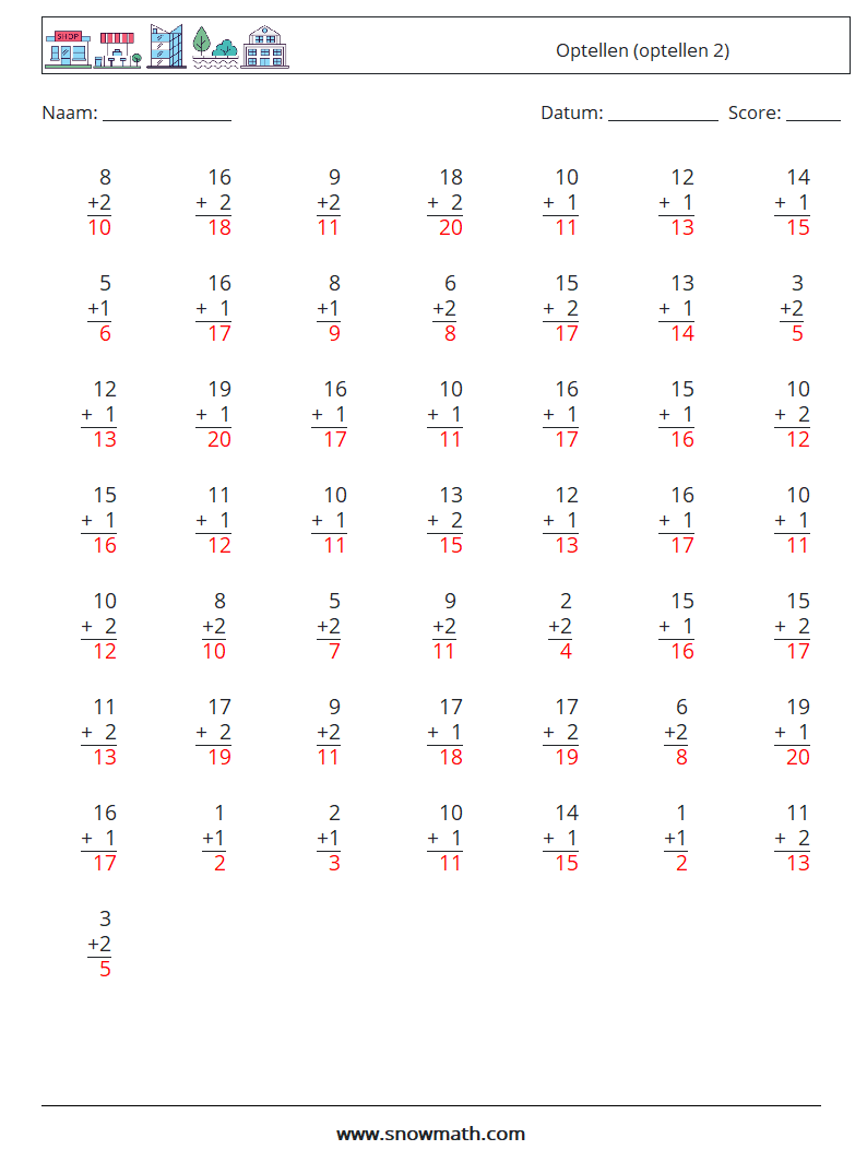 (50) Optellen (optellen 2) Wiskundige werkbladen 17 Vraag, Antwoord