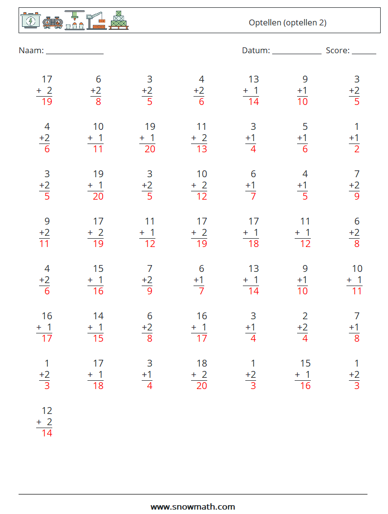 (50) Optellen (optellen 2) Wiskundige werkbladen 18 Vraag, Antwoord