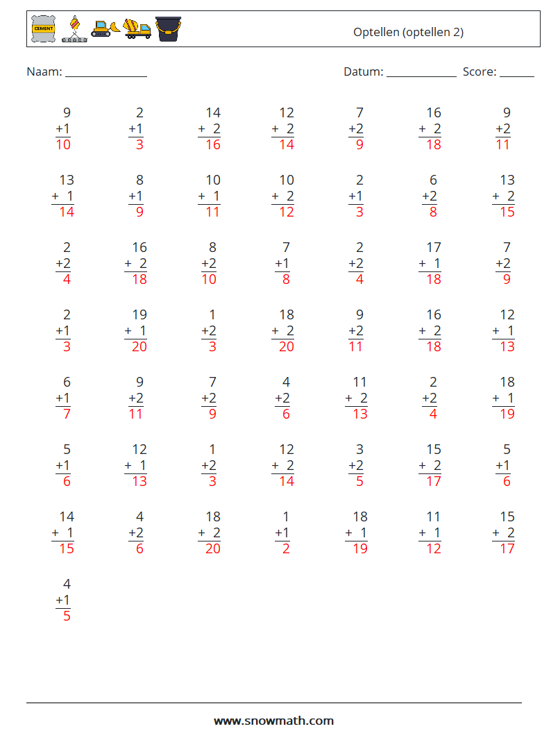 (50) Optellen (optellen 2) Wiskundige werkbladen 1 Vraag, Antwoord