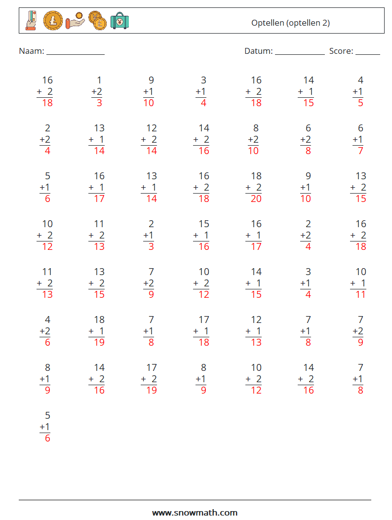 (50) Optellen (optellen 2) Wiskundige werkbladen 3 Vraag, Antwoord