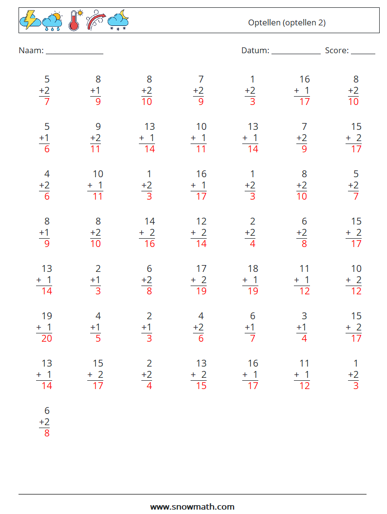 (50) Optellen (optellen 2) Wiskundige werkbladen 4 Vraag, Antwoord