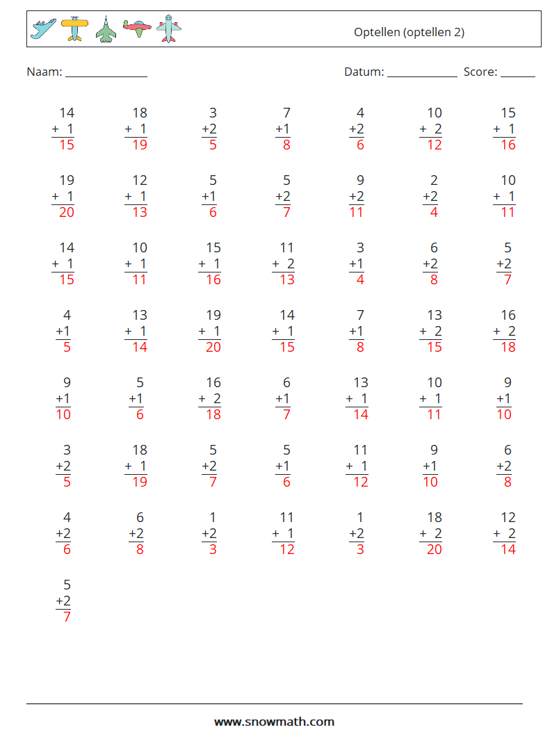 (50) Optellen (optellen 2) Wiskundige werkbladen 6 Vraag, Antwoord