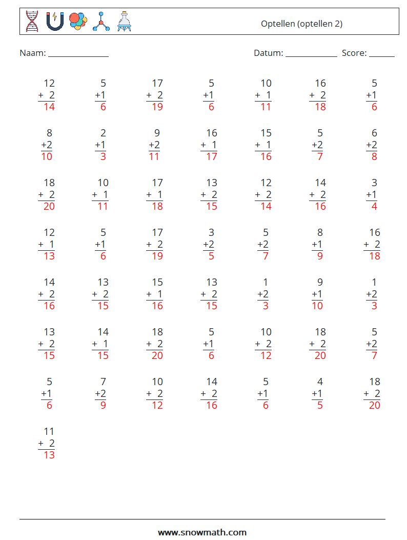 (50) Optellen (optellen 2) Wiskundige werkbladen 7 Vraag, Antwoord