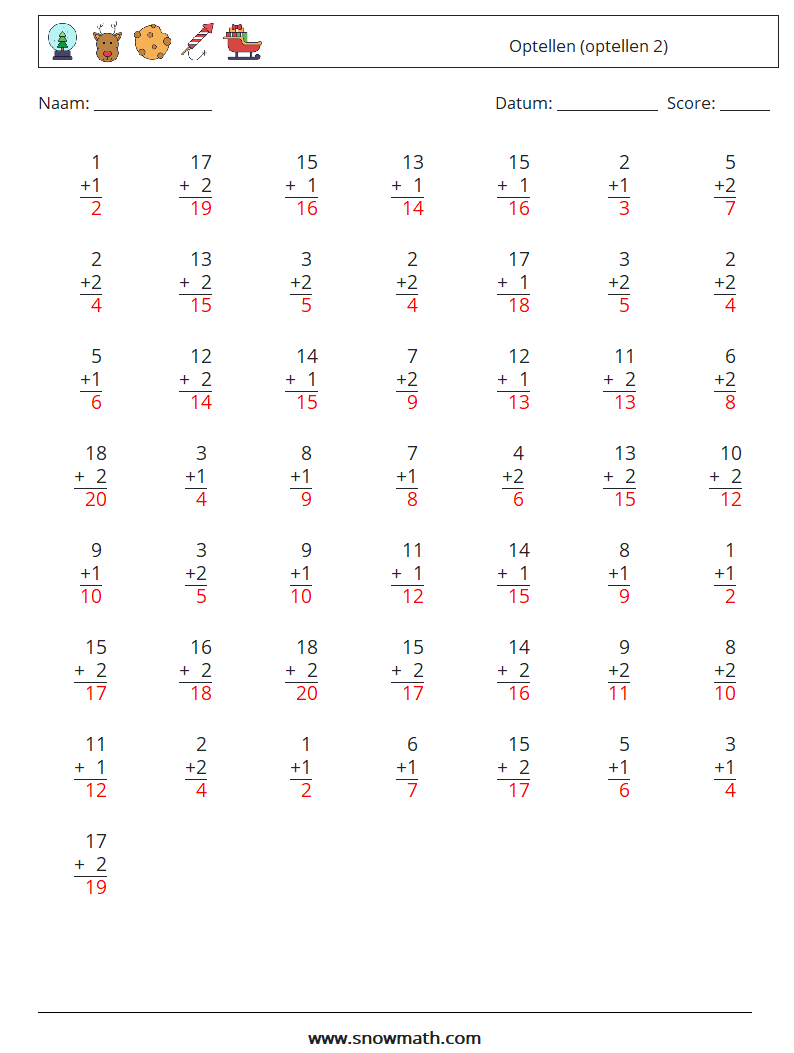 (50) Optellen (optellen 2) Wiskundige werkbladen 8 Vraag, Antwoord